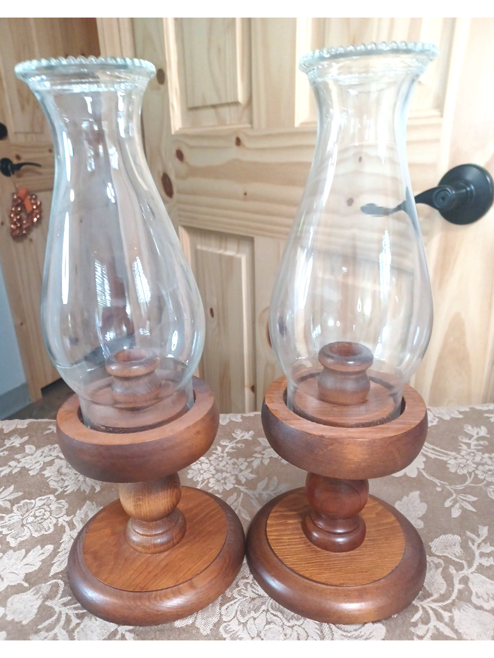 VTG 2 Wood Hurricane Candle Holder Lamps Clear Glass Chimney 13" Set